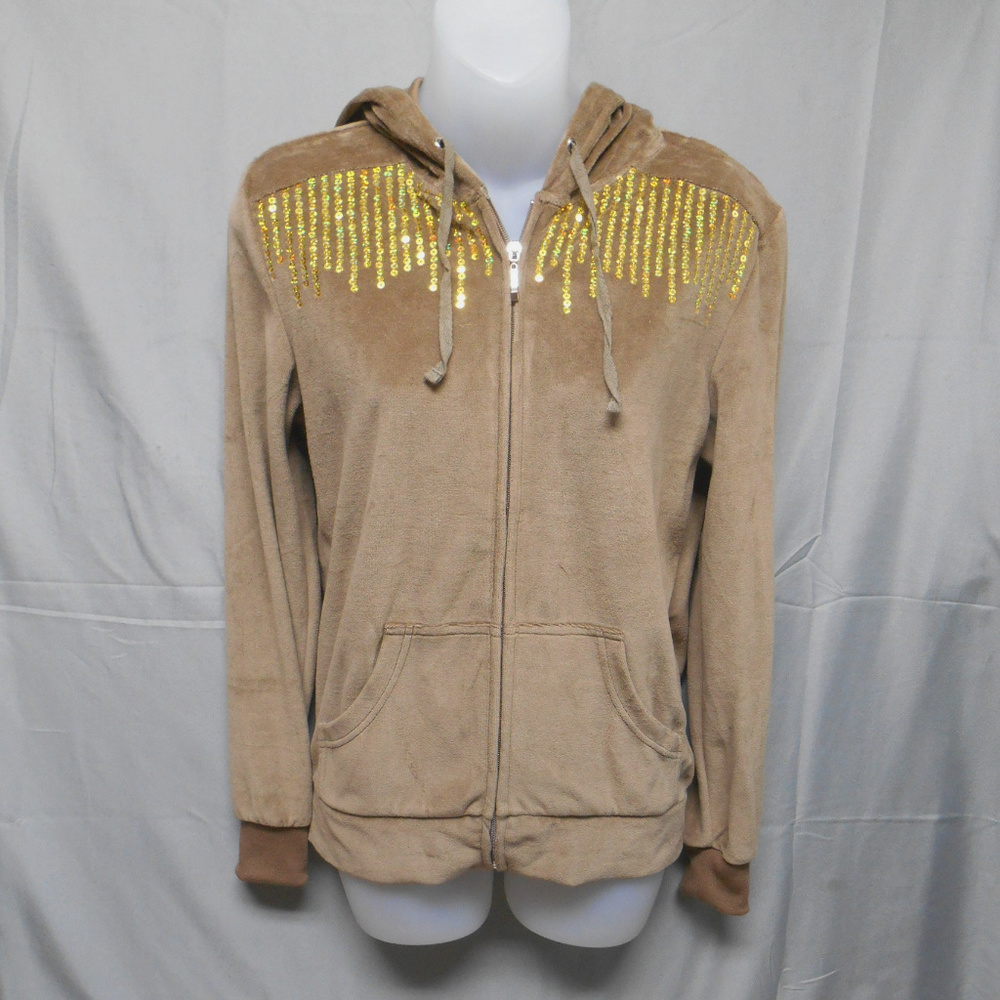 Whisper Me brown w/gold sequin zip velour hoodie S